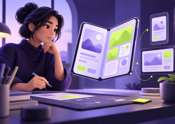 Ilustración conceptual de un teléfono plegable abierto con formas de interfaz en morado y verde.