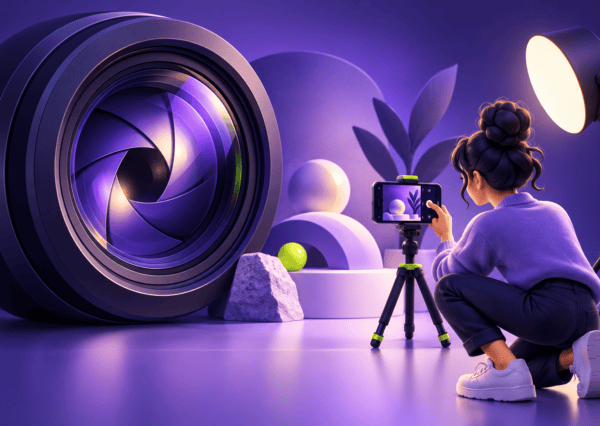 Ilustración de una creadora grabando con un teléfono y una lente conceptual de apertura variable.