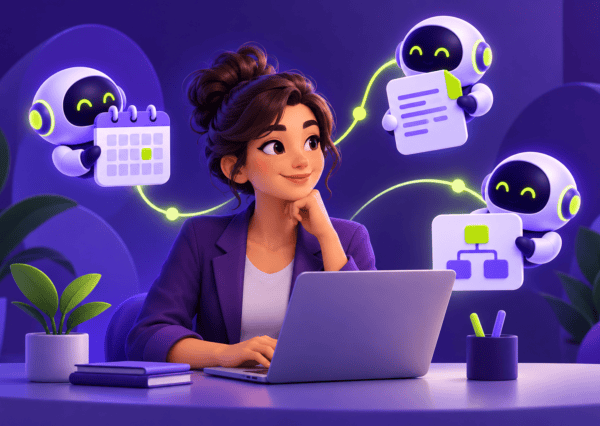 Ilustración de una profesional con una computadora y asistentes digitales en tonos morados y verdes.