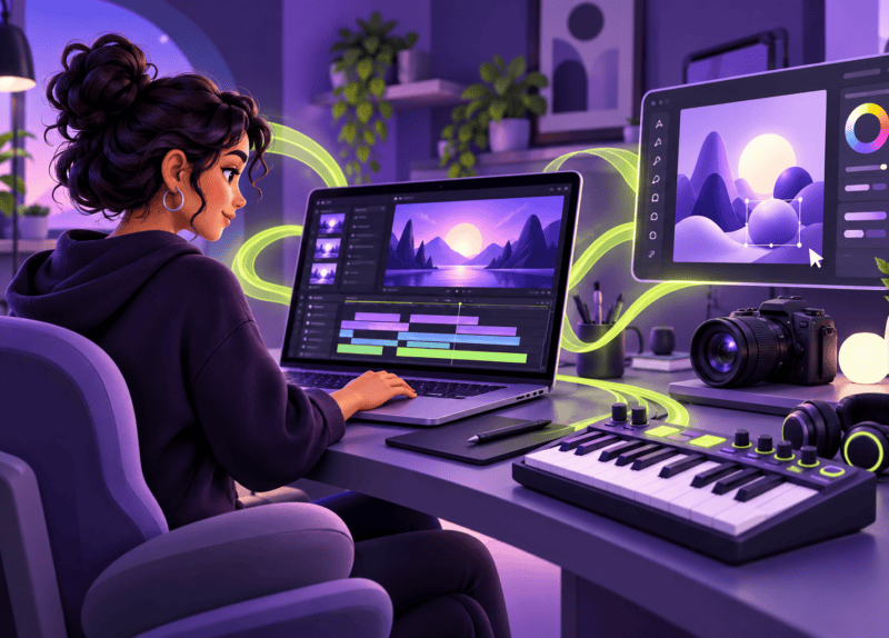 Ilustración de un estudio creativo con computadora, edición de video, cámara, teclado musical e imágenes.