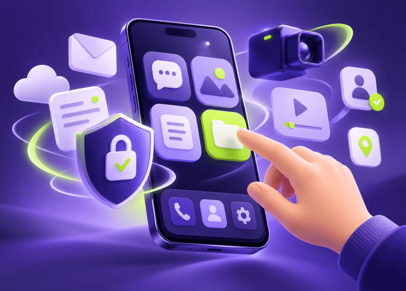 Ilustración de un teléfono con ventanas de aplicaciones, herramientas de video y un escudo de privacidad.