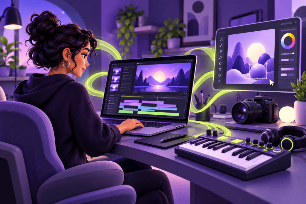 Ilustración de un estudio creativo con computadora, edición de video, cámara, teclado musical e imágenes.