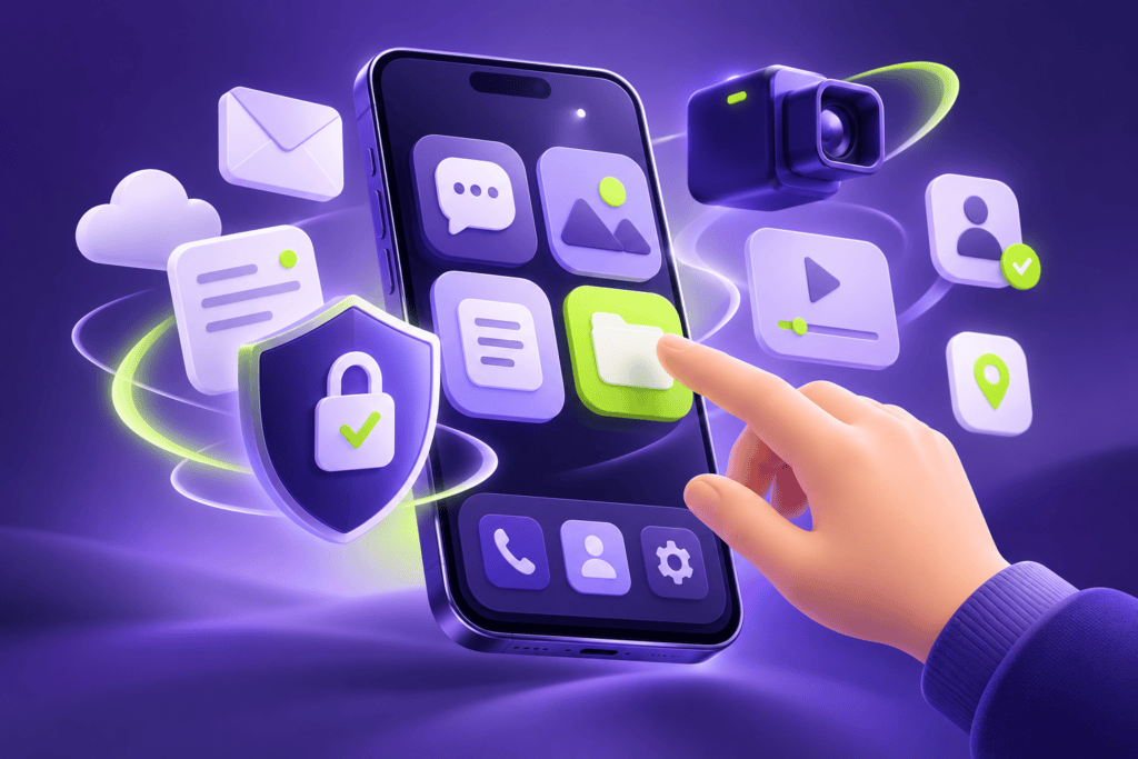 Ilustración de un teléfono con ventanas de aplicaciones, herramientas de video y un escudo de privacidad.
