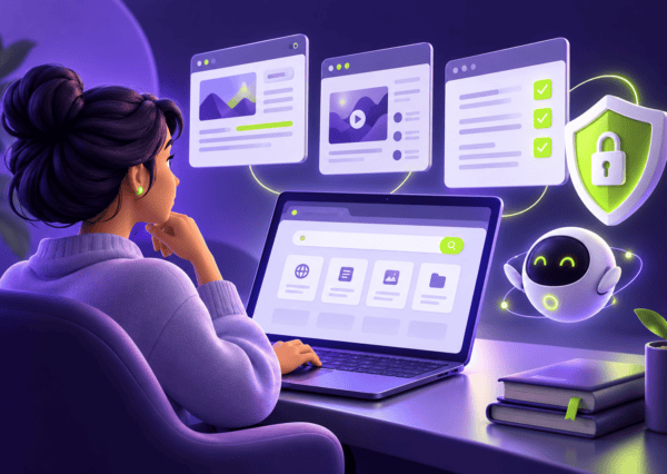 Ilustración de una persona revisando páginas web con un asistente conceptual y un escudo de permisos.