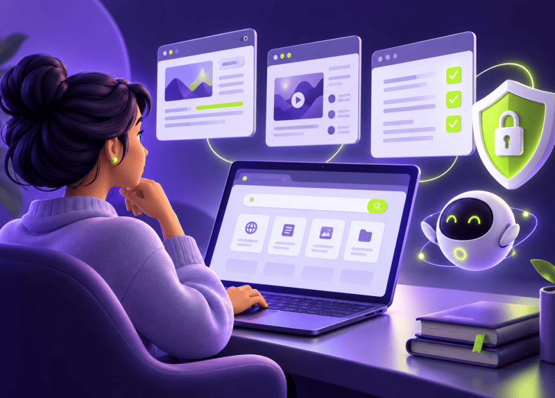 Ilustración de una persona revisando páginas web con un asistente conceptual y un escudo de permisos.