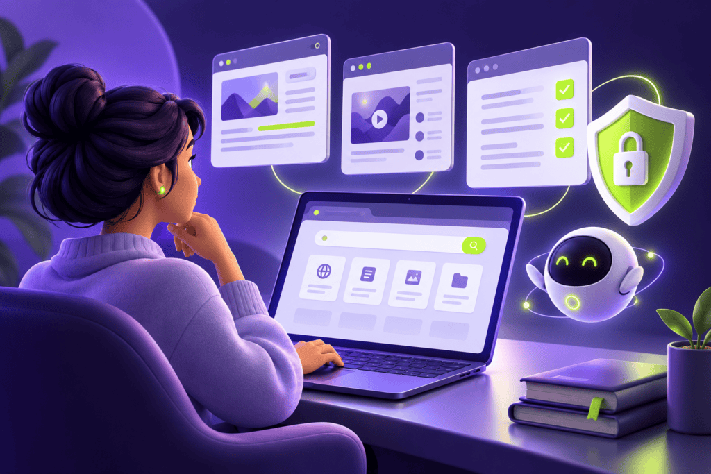 Ilustración de una persona revisando páginas web con un asistente conceptual y un escudo de permisos.