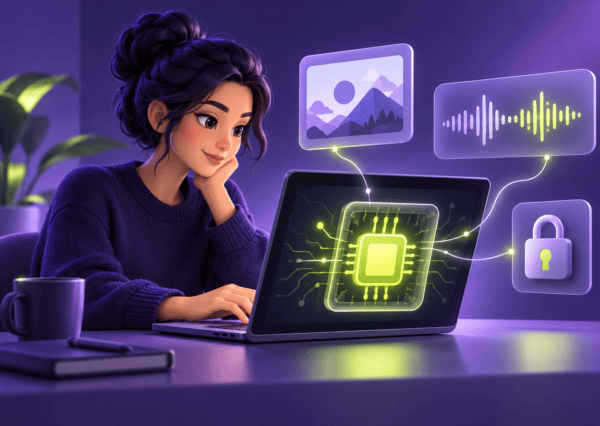 Ilustración de una profesional usando IA local en una computadora con elementos de imagen, audio y privacidad.