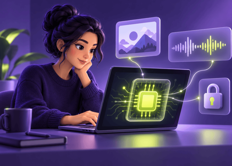 Ilustración de una profesional usando IA local en una computadora con elementos de imagen, audio y privacidad.