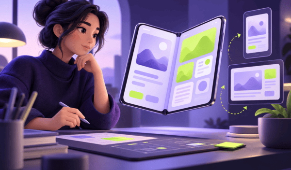 Ilustración conceptual de un teléfono plegable abierto con formas de interfaz en morado y verde.
