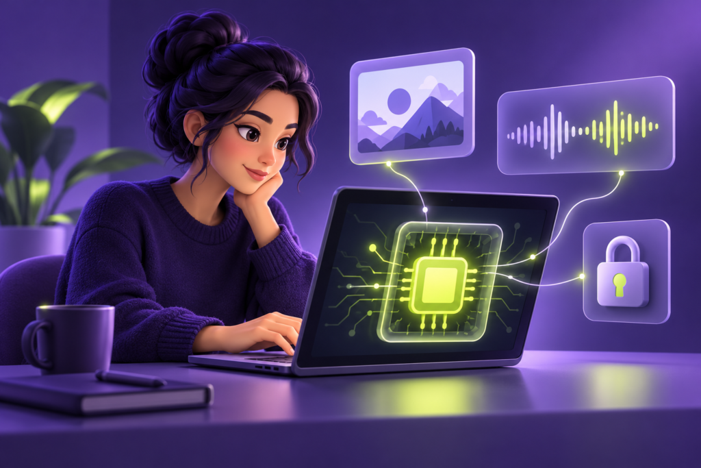 Ilustración de una profesional usando IA local en una computadora con elementos de imagen, audio y privacidad.