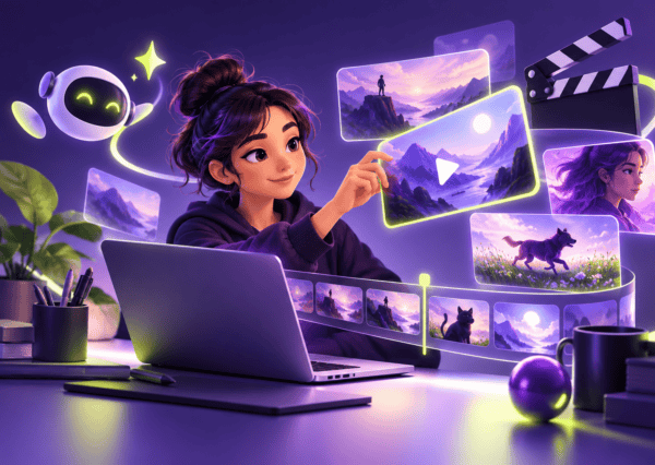 Ilustración de una creadora organizando escenas de video y una línea de tiempo con un asistente digital.