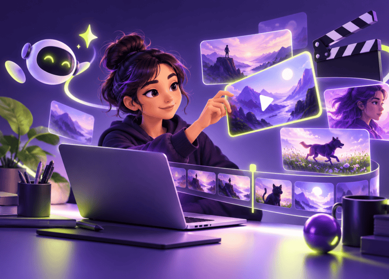 Ilustración de una creadora organizando escenas de video y una línea de tiempo con un asistente digital.
