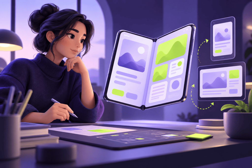 Ilustración conceptual de un teléfono plegable abierto con formas de interfaz en morado y verde.
