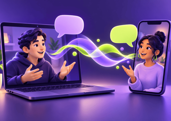 Ilustración de dos personas conversando por video con ondas de voz moradas y verdes entre sus dispositivos.