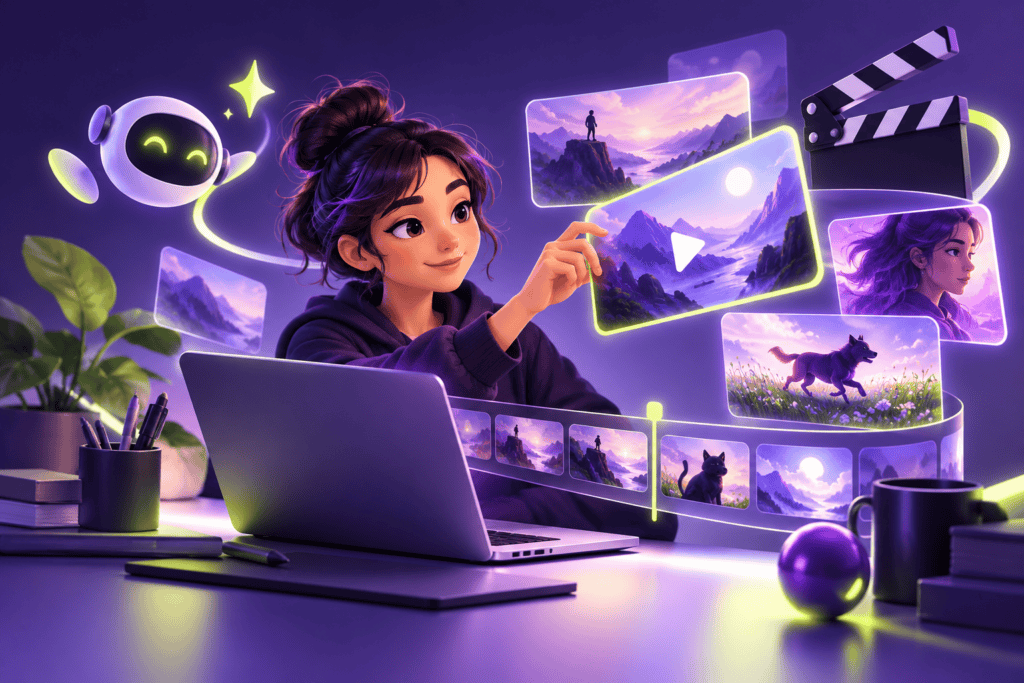 Ilustración de una creadora organizando escenas de video y una línea de tiempo con un asistente digital.