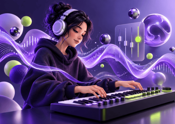 Ilustración de una música con auriculares y teclado, rodeada de ondas de sonido moradas y verdes.