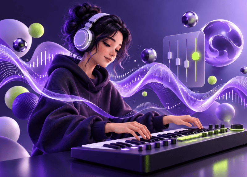 Ilustración de una música con auriculares y teclado, rodeada de ondas de sonido moradas y verdes.