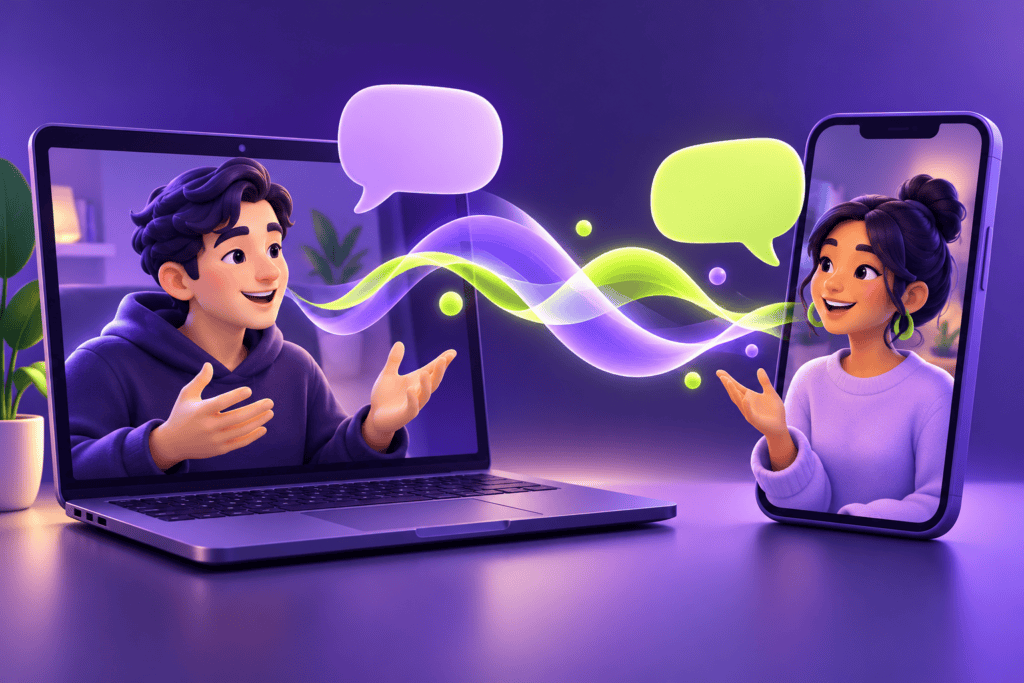 Ilustración de dos personas conversando por video con ondas de voz moradas y verdes entre sus dispositivos.