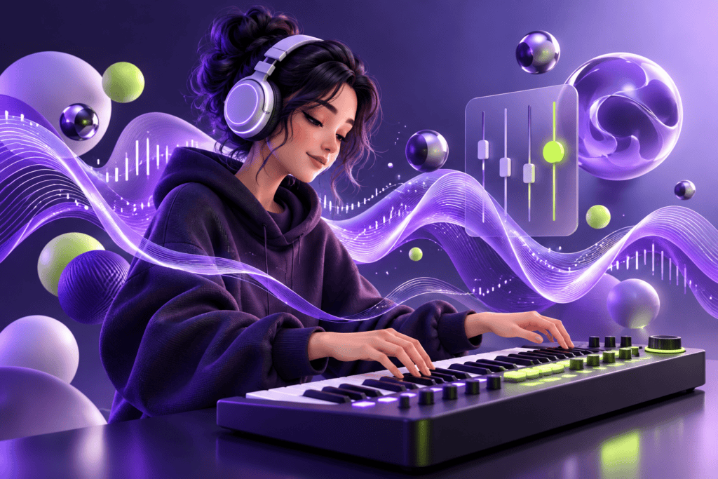 Ilustración de una música con auriculares y teclado, rodeada de ondas de sonido moradas y verdes.