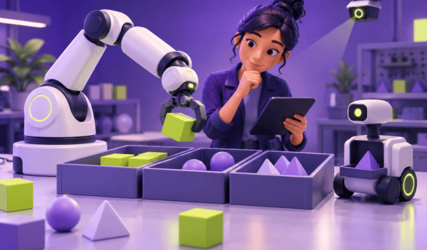Ilustración de una técnica supervisando un brazo robótico y un robot que organizan piezas geométricas.