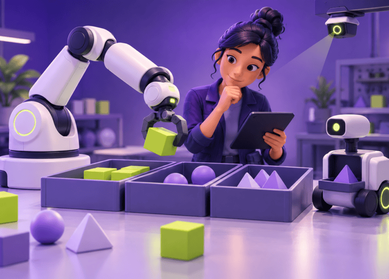Ilustración de una técnica supervisando un brazo robótico y un robot que organizan piezas geométricas.