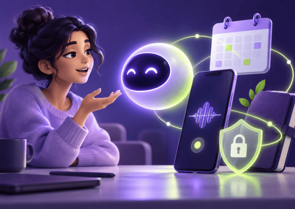 Ilustración de una persona hablando con un asistente conceptual junto a un teléfono, calendario y escudo.