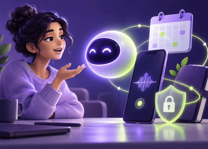 Ilustración de una persona hablando con un asistente conceptual junto a un teléfono, calendario y escudo.