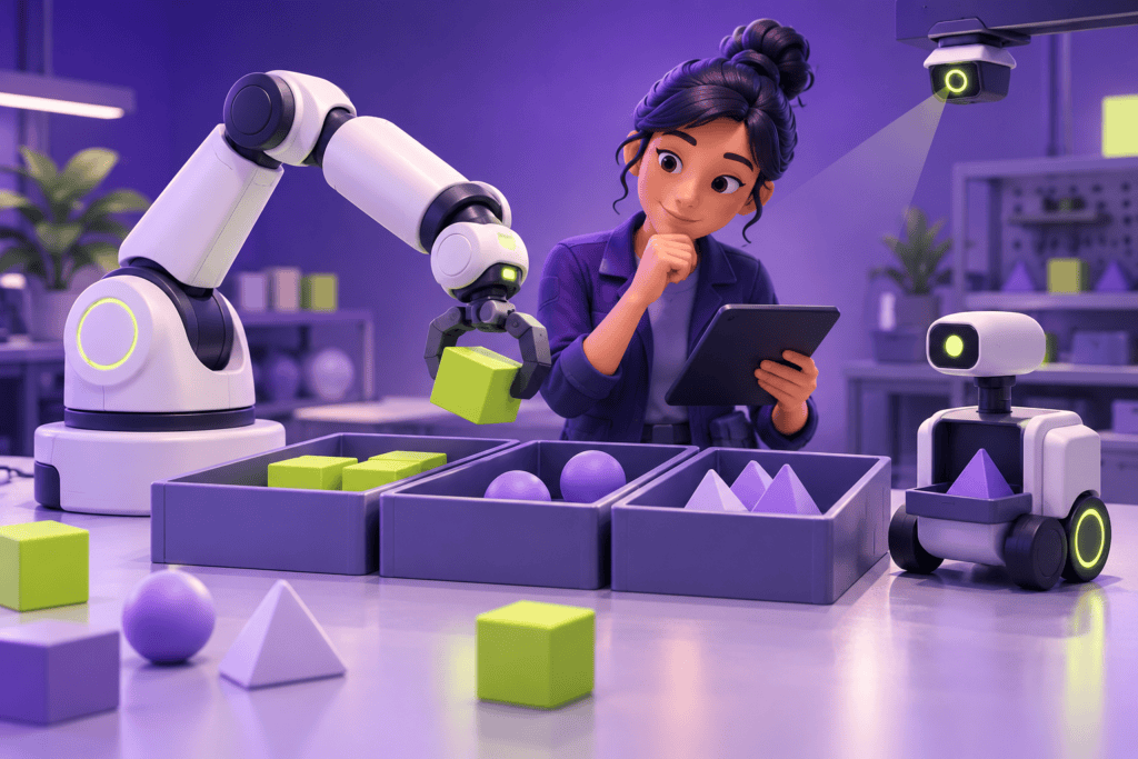 Ilustración de una técnica supervisando un brazo robótico y un robot que organizan piezas geométricas.