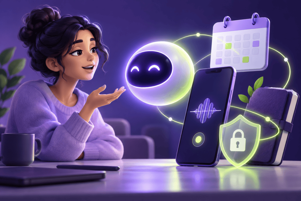 Ilustración de una persona hablando con un asistente conceptual junto a un teléfono, calendario y escudo.