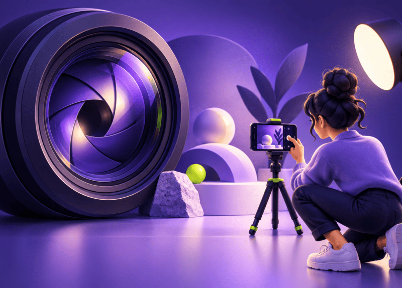 Ilustración de una creadora grabando con un teléfono y una lente conceptual de apertura variable.