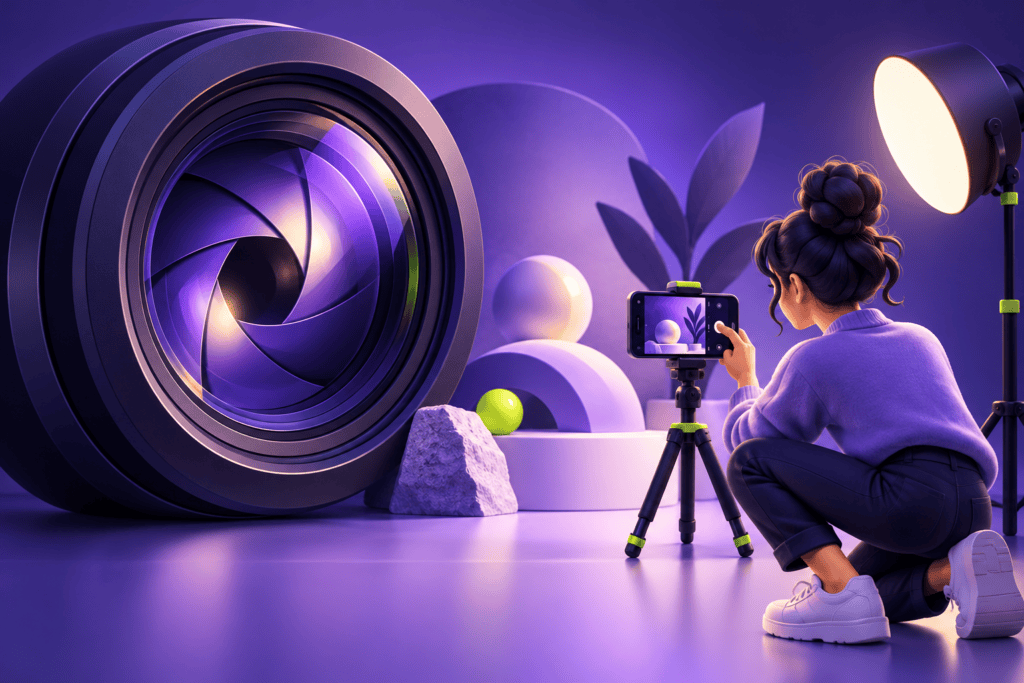 Ilustración de una creadora grabando con un teléfono y una lente conceptual de apertura variable.