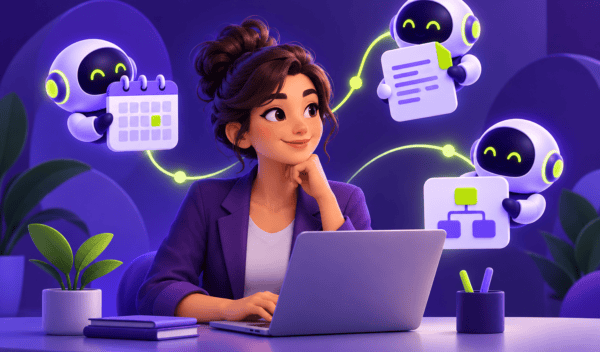 Ilustración de una profesional con una computadora y asistentes digitales en tonos morados y verdes.