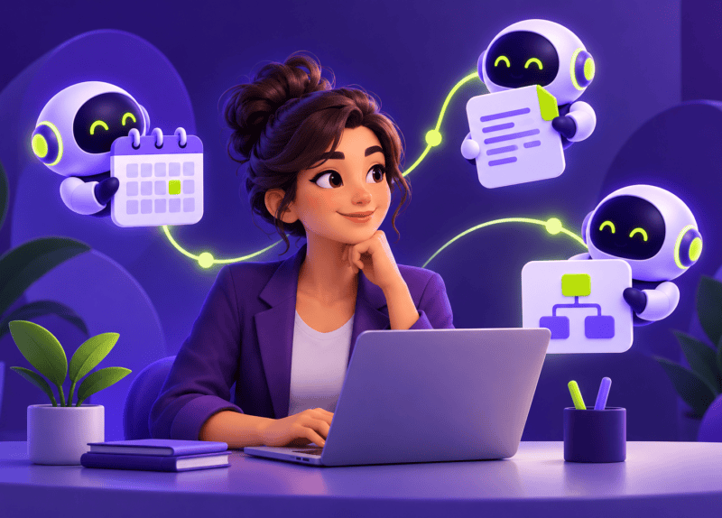 Ilustración de una profesional con una computadora y asistentes digitales en tonos morados y verdes.