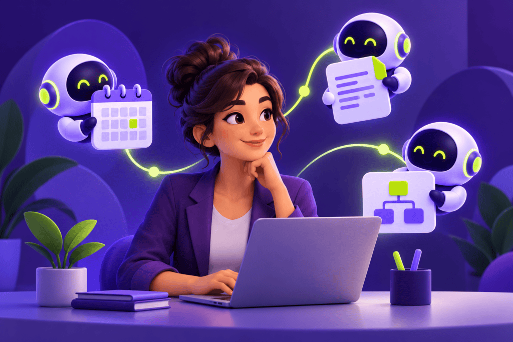 Ilustración de una profesional con una computadora y asistentes digitales en tonos morados y verdes.